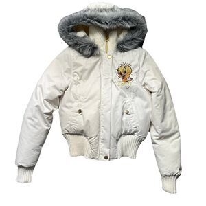 Lot 29 Tweety Womens S Puffer Jacket White Fur Hood Crop Y2K Vintage